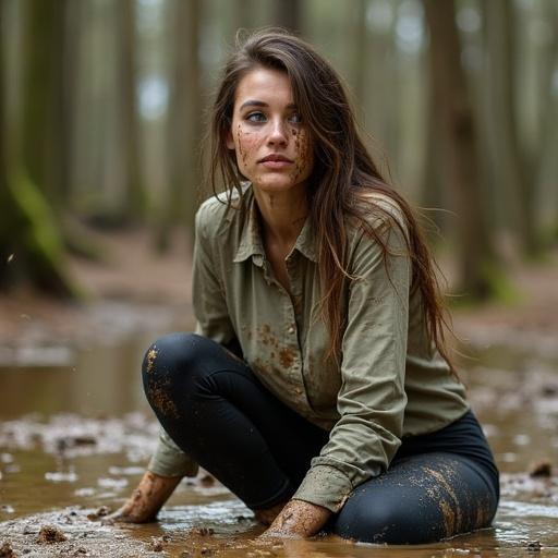 Photo features a woman in a forest swamp covered in mud. She is on her knees, dirty satin shirt stained with mud. Natural light enhances the scene with shadows. Surrounding environment includes mud and water splashes