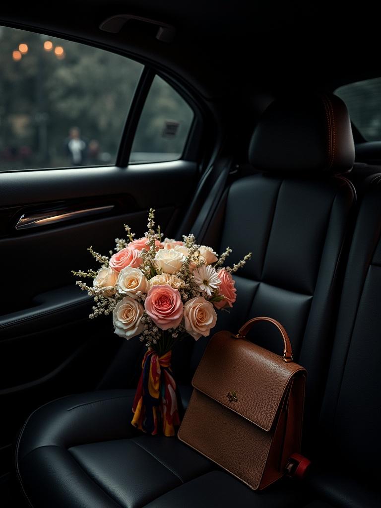 A dark and moody nighttime scene inside a car. A bouquet of luxurious flowers is resting on the black leather seat. The bouquet has pink and cream roses, white chrysanthemums, and tiny berry accents. A designer handbag with a colorful scarf is beside the bouquet. Ambient lighting subtly highlights textures. Reflections on the window show hints of the outside night environment.