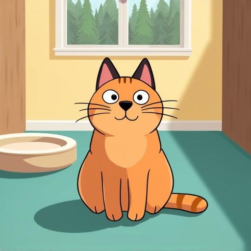 A light orange-brown cat with dark ears sits in a room. The cat has one black eye and one white eye. It sits on a teal carpet next to a beige cat bed. The walls are pale yellowish-tan. A window with trees is visible. The perspective is above-eye-level. The style is cartoonish with bold lines and flat colors. The lighting is sunny. The atmosphere is calm and friendly.
