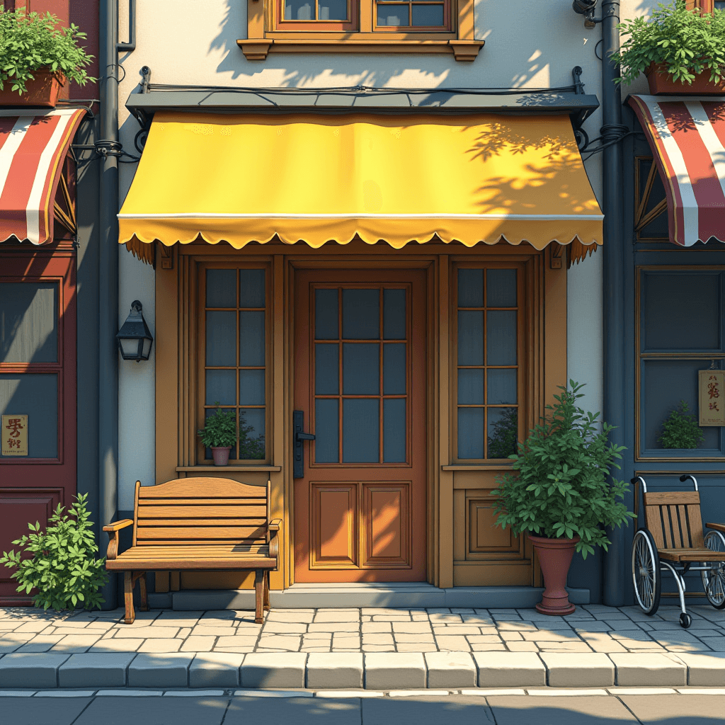 The image depicts the facade of a charming storefront or home entrance. It features a bright yellow awning that stretches over a wooden door with glass panes, flanked by windows. In front of the door, there is a wooden bench accompanied by a potted plant, adding to the welcoming atmosphere. To the right, a small potted tree is placed next to a neatly parked wheelchair. The surrounding walls are adorned with plants in pots and climbing vines, and a vintage-style outdoor light fixture is visible on the wall. The ground is paved with stone tiles, reflecting the sunlight, creating a serene and inviting environment.