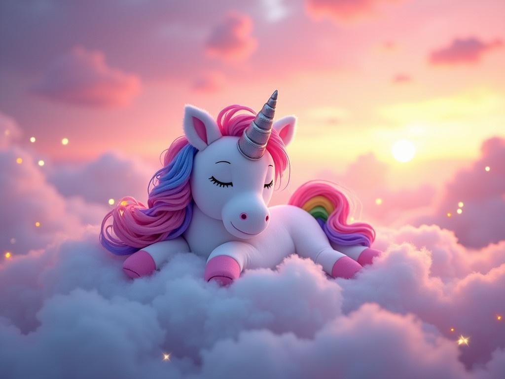 The image features a colorful plush unicorn resting on a fluffy cloud. It is surrounded by a vibrant sky filled with pink, purple, and golden hues from the sunrise. The unicorn has a shiny, silver horn and rainbow-colored mane and tail. Its eyes are closed, giving a sense of peace and tranquility. The clouds appear soft and fluffy, enhancing the dreamlike atmosphere of the scene. The background is filled with hints of sparkling lights, resembling distant stars. Overall, it creates a magical and whimsical vibe.