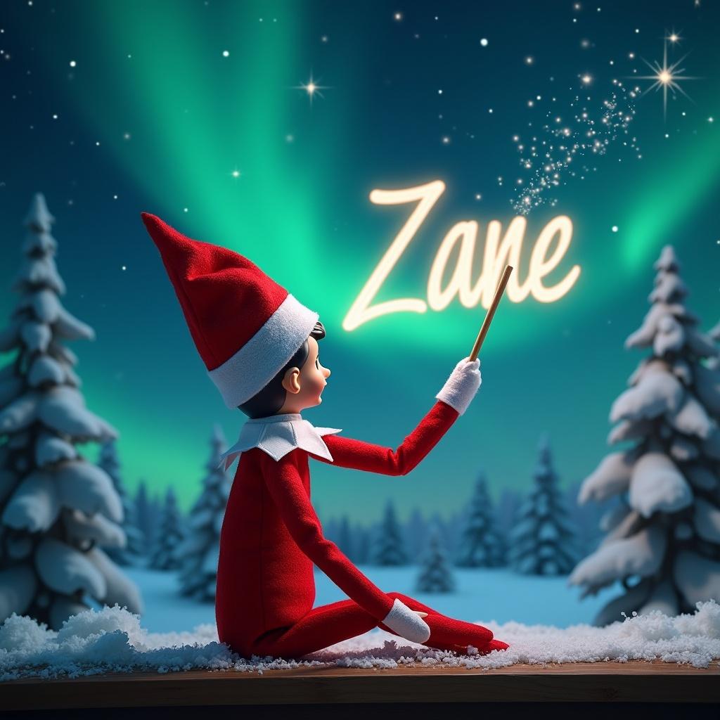 This image depicts an elf on the shelf with its back turned, gazing up at a beautiful magical sky. The elf is using a wand to trace the name 'Zane' in the air, creating a sparkling effect. The background is filled with a winter wonderland, featuring snow-covered trees and vibrant northern lights illuminating the night sky. The scene evokes a sense of wonder and holiday magic. This image captures the spirit of Christmas and personalization for children celebrating the season.