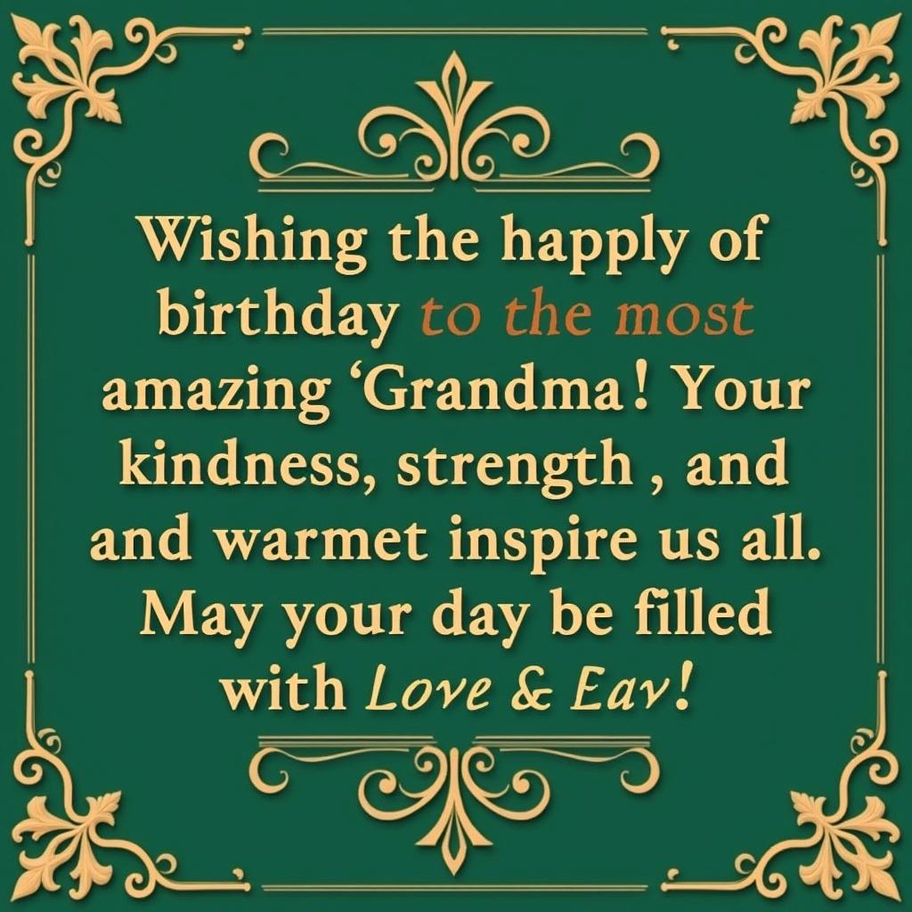 Golden ornamental birthday message for grandma. Message conveys love warmth and inspiration. Green background with ornate accents. Suitable for greeting cards or social media.