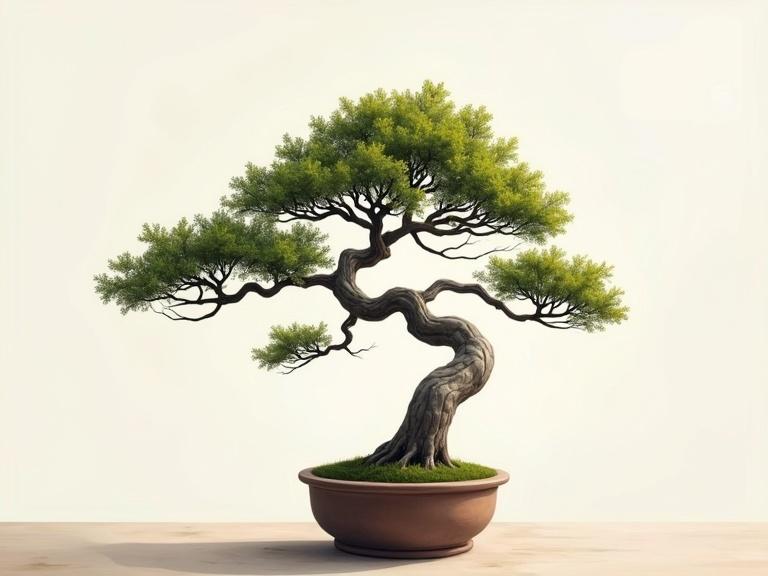 Realistic fine art painting of a bonsai tree. The artwork is hand-painted using acrylics. The tree features long, curvy branches and a simple background. The trunk is leaning and asymmetrical with sparse groupings of leaves in a clay pot.