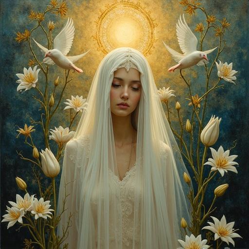 A mystical painting showcases a veiled bride and a figure with a golden halo in a surreal garden. The setting features floating lilies, vines, and doves. The atmosphere is serene and contemplative. Golden and deep blue tones illuminate the background.
