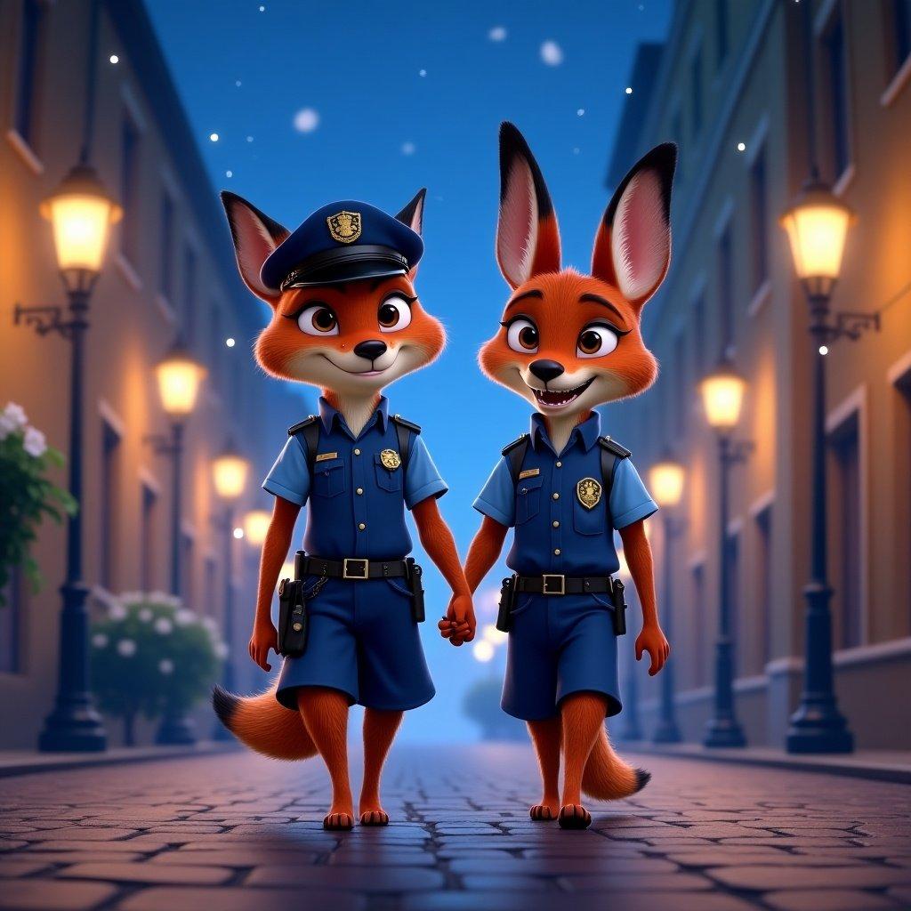 This artwork showcases Judy and Nick, characters from Disney's Zootopia, walking hand in hand through a serene nighttime setting. Both characters are dressed in their police uniforms, emphasizing their roles in the story. The background features beautifully lit street lamps lining the cobblestone path, creating a magical atmosphere. Stars twinkle above, adding to the whimsical feel of the scene. This piece captures the friendship and bond between the two characters in a charming and inviting way.