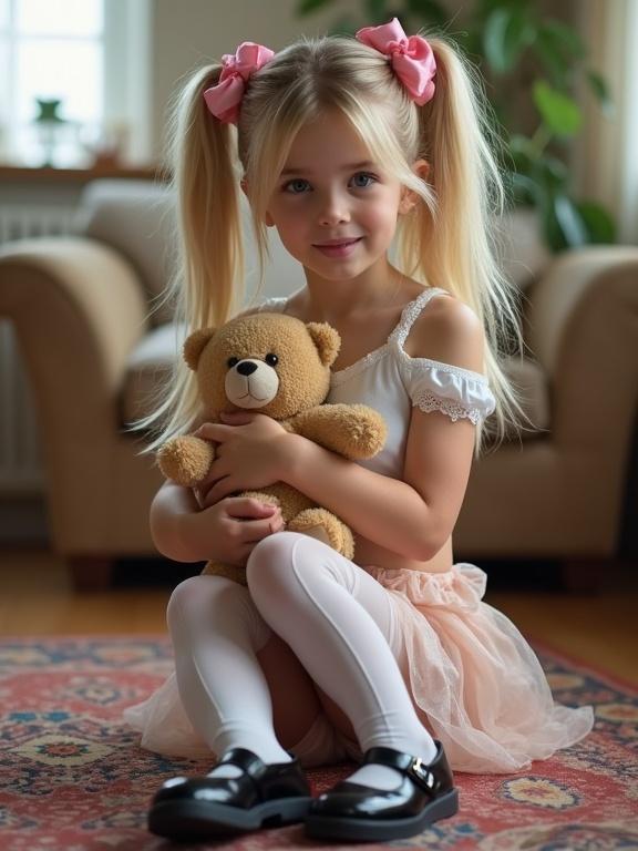 Young girl with blonde twin tails tied with pink bows. Wearing a white crop top and a high ti skirt. Holding a teddy bear in a cozy living room. Sitting on a colorful rug with natural light. Embracing childhood innocence.