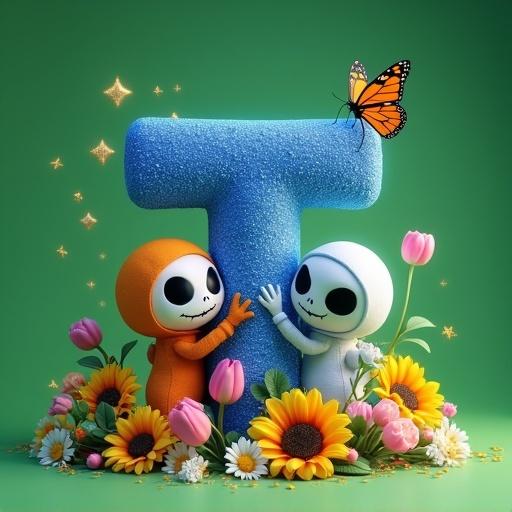 3D rendered image with the letter T on an emerald green background. The T is decorated with gradient blue glitter. A whimsical astronaut and Jack Skellington hug the letter from sides. Surrounded by sunflowers, tulips, butterflies, and sparkles in soft lighting.
