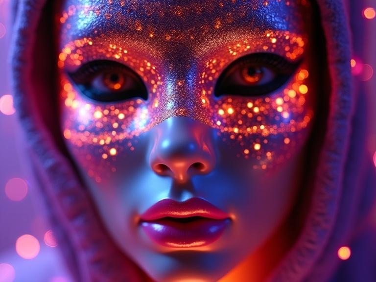 Macro shot of a detailed female mask with purple and orange stripes and shimmering effects. Pink lips are highlighted. The mask represents a thief-god figure emerging from a luminescent scene. The scene is hyperdetailed with sparkle and photorealism. High resolution image.