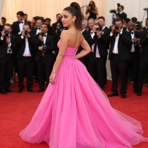 Ariana Grande poses elegantly in a flowing pink dress on the red carpet at the Met Gala. The setting features a crowd of photographers and guests in formal attire. The dress is strapless and voluminous, creating a striking visual impact.