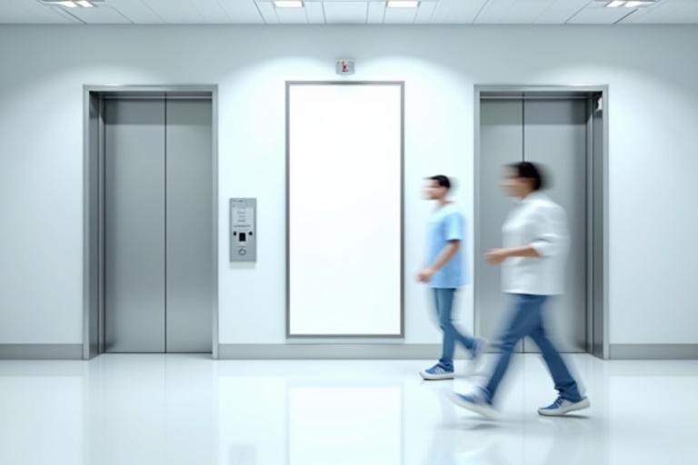 Scene with two lifts, central vertical mockup board for wayfinding design, good lighting and shadows, realistic details, one lift closed and one open, two doctors walking by in motion, bright white interior with hints of blue, no borders on signage, landscape orientation, high-quality image