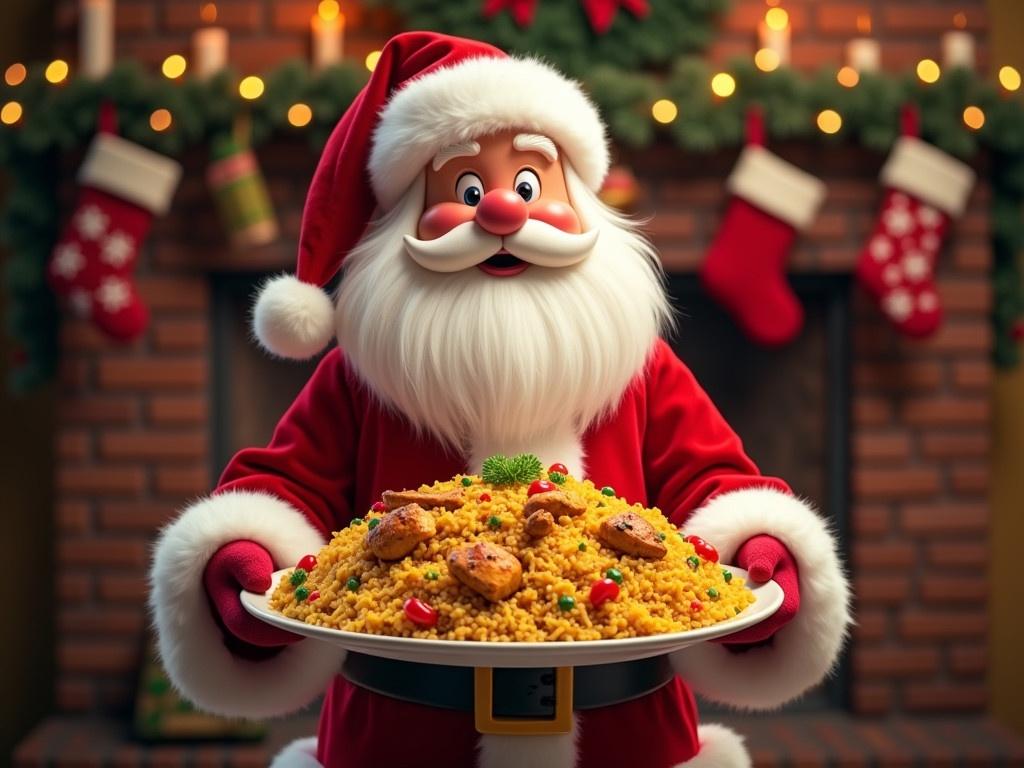 The image features a festive scene with a character dressed as Santa Claus holding a large platter of biryani. The Santa wears a traditional red suit with white fur trim and has a fluffy white beard. He stands in front of a cozy fireplace adorned with Christmas stockings and decorative lights. The biryani on the platter is colorful and garnished, showcasing pieces of chicken and rice. The background suggests a warm and inviting holiday atmosphere.