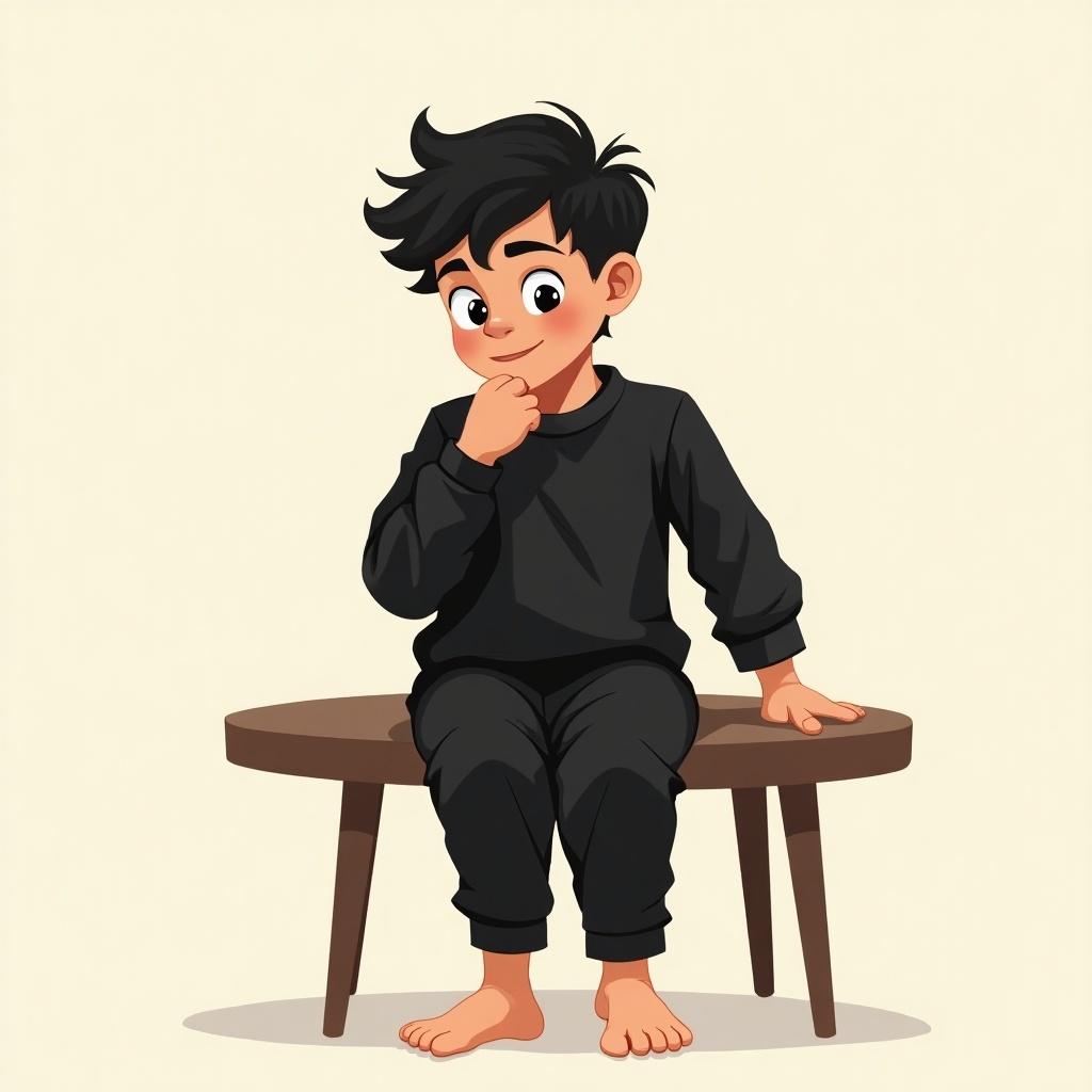 Image of an 8-year-old barefoot boy seated on a stool wearing a black shirt and pants. The boy has a thoughtful expression. The background is light, contrasting with his outfit.