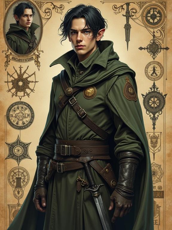 Full-body portrait of a confident half-elf male investigator in dark fantasy style. Short pointed ears medium-length dark hair. Dark green travel cloak with investigator's insignia. Two short swords on belt. Background of ancient parchment with arcane symbols and investigative tools. Includes ink-drawn bust portrait of character with pokerface expression.