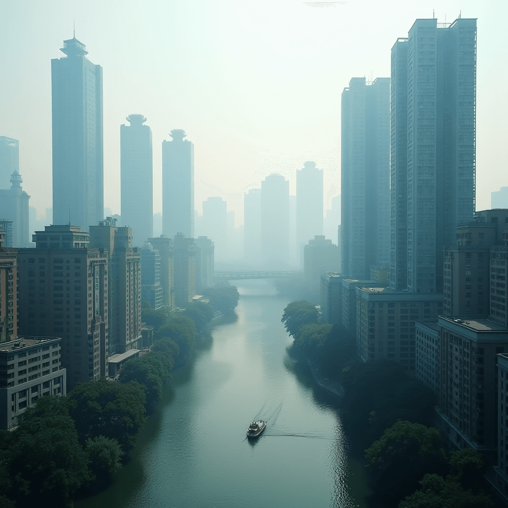 A serene view of a city with high-rise buildings and a river, enveloped in mist.