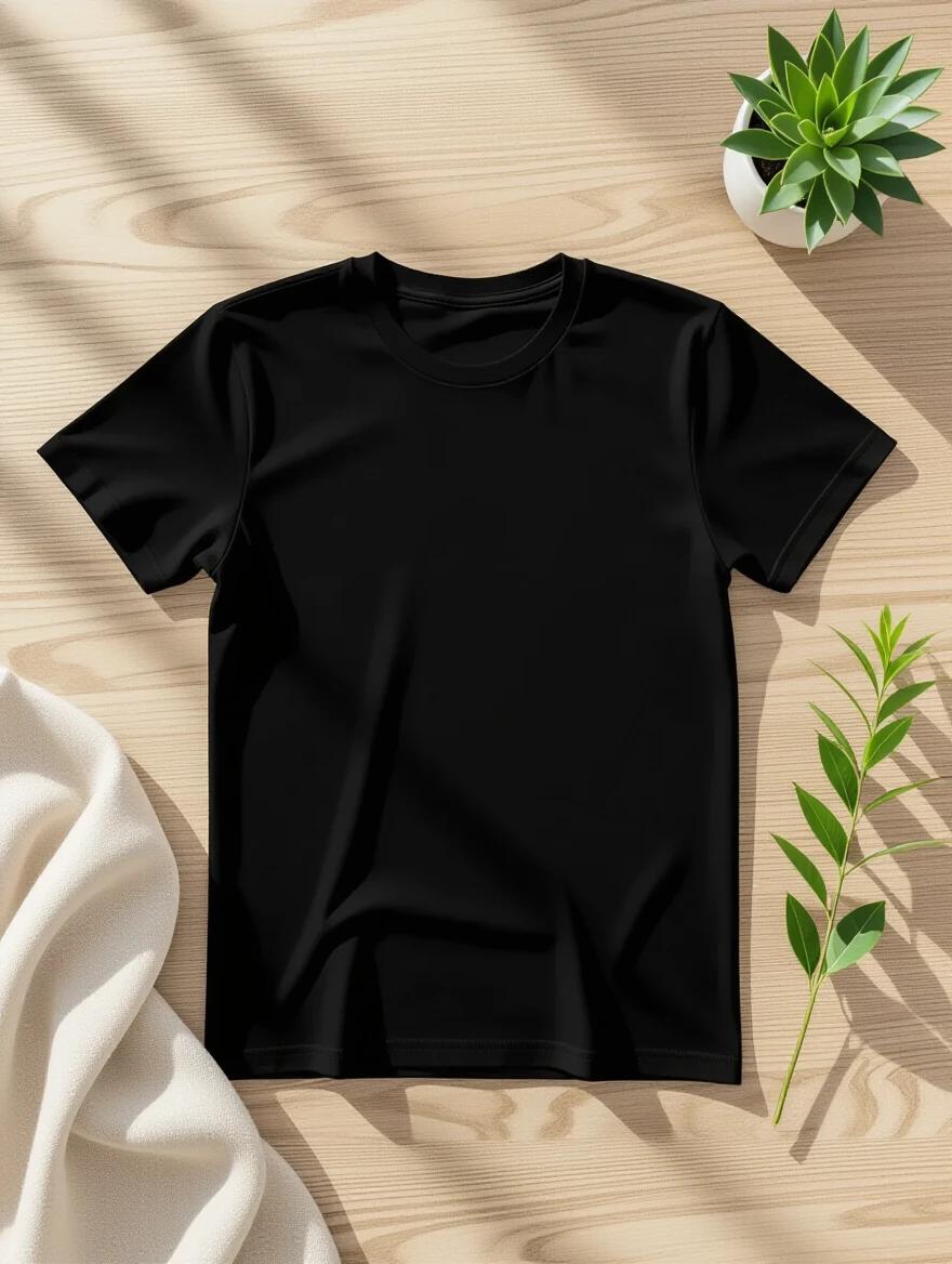 Top-down flatlay mockup of a plain black unisex T-shirt. The T-shirt has no design. It lies on a wooden background. Soft linen is placed on the side. A small plant is also included. The setting is lit with natural daylight. The chest area is empty. Soft shadows are visible. The surroundings are neutral and minimal. No wrinkles or folds are present in the chest area.
