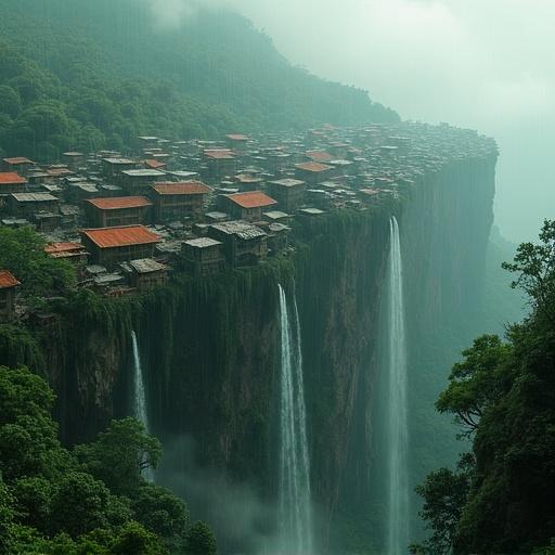 Vertical town along a long cliff. Tropical terrain with high humidity. Rain is falling over slum-type city. Set on an unknown planet in the distant future.