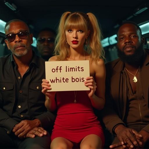 Music video scene in a limousine at night. A woman holds a sign saying 'off limits white bois'. She is wearing a tight red dress showing deep cleavage. She has long blonde hair and big blue eyes. Two large men sit close to her. The atmosphere is tense and dramatic.
