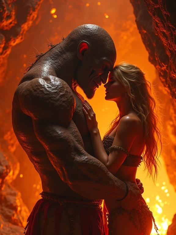 Close up photo of a tall molten rock golem with an athletic fashion model. Warrior girl has flowing gold hair and wears a tattered loincloth. They are in a glowing lava cave, deeply embracing each other. Firelight flickers on stone walls and creates a warm atmosphere.