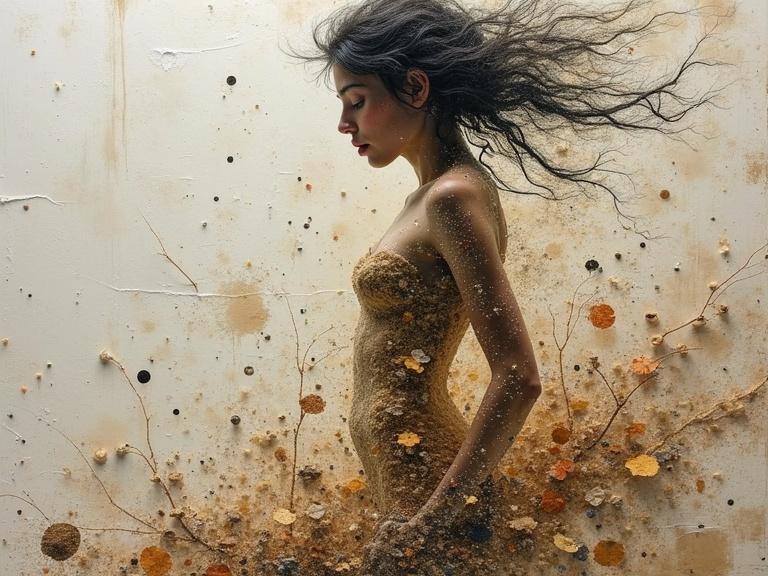 A double exposure artwork depicting a nude figure. Textures from various materials like jute, sand, and glitter incorporated in the collage. Mixed media style. Depth created through layering. Stunning and beautiful composition.