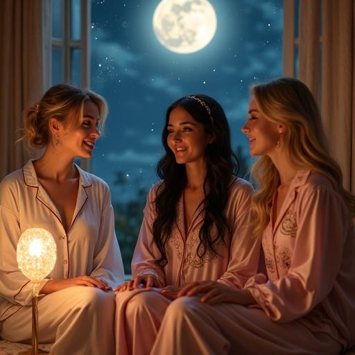 Three goddesses dress luxurious pajamas gather in softly lit room under moonlight in tranquil enchanted space. Athena wears white silk set embroidered with owl. Isis wears indigo linen adorned with Egyptian patterns. Freyja wears rose gold satin pajamas embroidered roses. Crystal lamps rugs magical runes float particles starry sky outside.