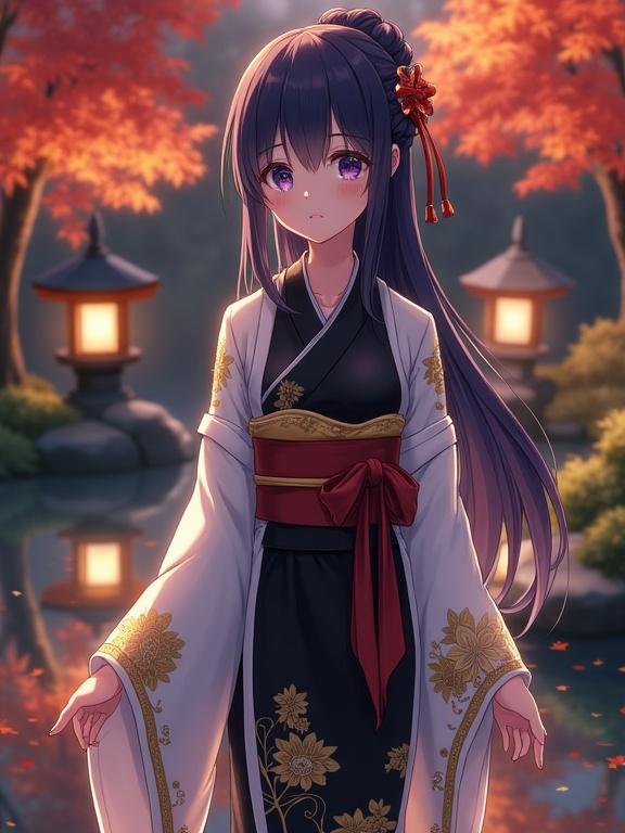 Full-body anime-style female in a Japanese garden at night during autumn. Dark violet hair styled in an updo with kanzashi. Calm confident expression with violet eyes. Luxurious kimono with white sleeves and golden chrysanthemum patterns. Black base with golden embroidery, red obi. Near koi pond, surrounded by fallen leaves, soft lantern light. Peaceful and magical atmosphere. Elegant dignified pose.
