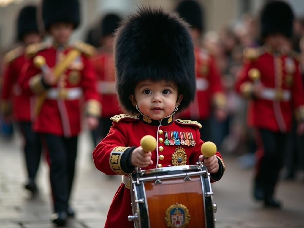 Hyper-realistic photo of a 3-year-old baby dressed as a British royal guard. Baby plays a large upright bass drum with colorful heraldic emblems. He wears a red ceremonial jacket, black bearskin hat, and holds mallets in each hand. Evening outdoor parade setting with cinematic lighting.