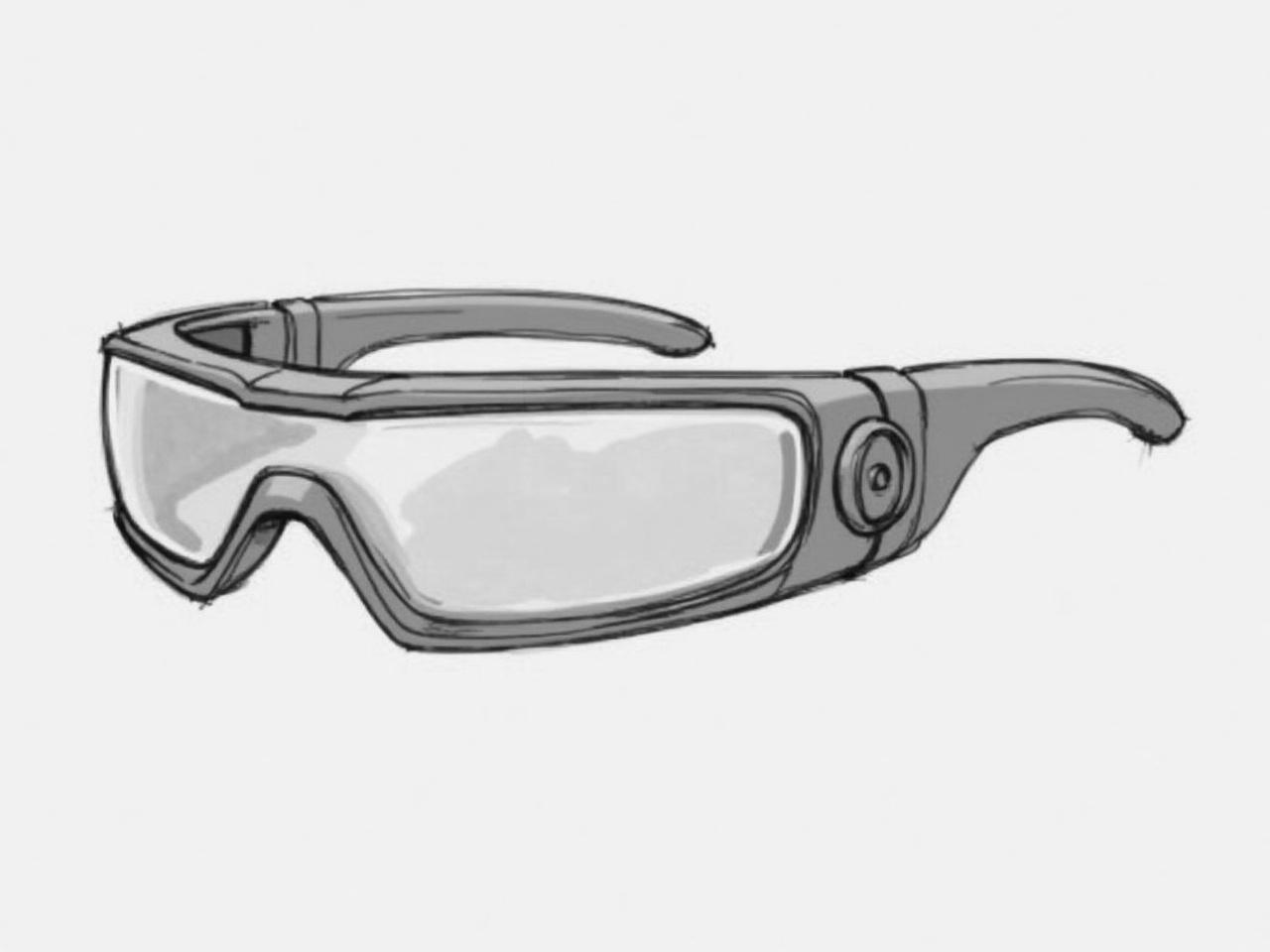 This is a sketch of a pair of futuristic-looking glasses. The glasses have a sleek and modern design, with a wide frame and large lenses that cover most of the front. There are two circular features on the sides, which could be buttons or cameras. The arms of the glasses have a smooth, streamlined shape that complements the overall look. The sketch is detailed yet minimalist, emphasizing the glasses' innovative style.