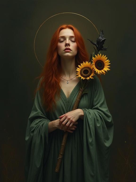 Digital oil painting of a red-haired woman in a green dress holding sunflowers. Alabaster skin softly illuminated against dark background. Expression distant and mournful. Hair long and wild, resembling autumn leaves. Baroque symmetry with circular halo. Shadowy garment merging with darkness. Soft lighting adds mystical atmosphere.