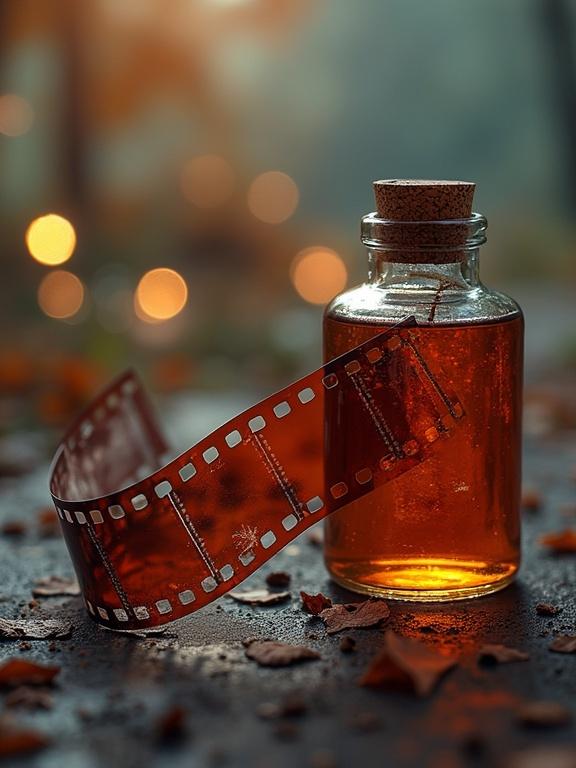 Close-up of a glass bottle filled with amber liquid alongside a film strip. Bokeh lights illuminate the surrounding area. Autumn leaves are scattered on the surface. Focus on details and texture.