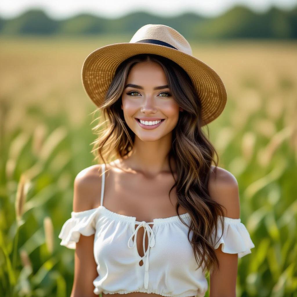 A woman stands in a field wearing a white off-the-shoulder top and a stylish straw hat. The scene shows a beautiful summer day with green crops in the background.