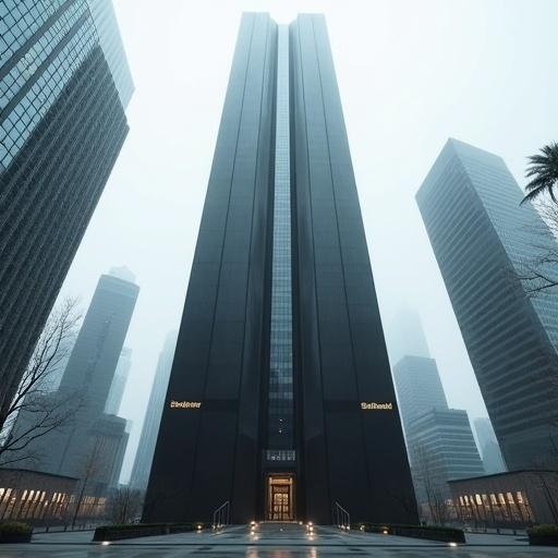 A 48-story skyscraper named The Silent Tower. It appears differently depending on the observer. It may look like brushed steel black glass or exposed scaffolding. It has a single elevator shaft that is eerie and rarely moves. The lobby has a featureless humanoid guard greeting visitors with childhood nicknames. The top floors contain server clusters causing strange sound effects. The building sits under a foggy sinister atmosphere.