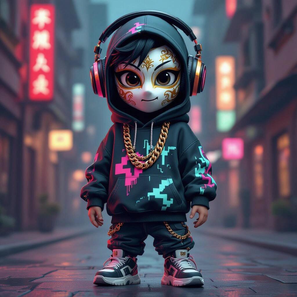 Stylized humanoid character in vintage rubber hose style with modern streetwear. Character has large head and expressive eyes. Wears oversized hoodie with neon glitch pattern. Large headphones, thick chains, and futuristic sneakers. Venetian-style mask with gold details. Confident pose. Minimal graffiti background. Vibrant colors and clean linework.
