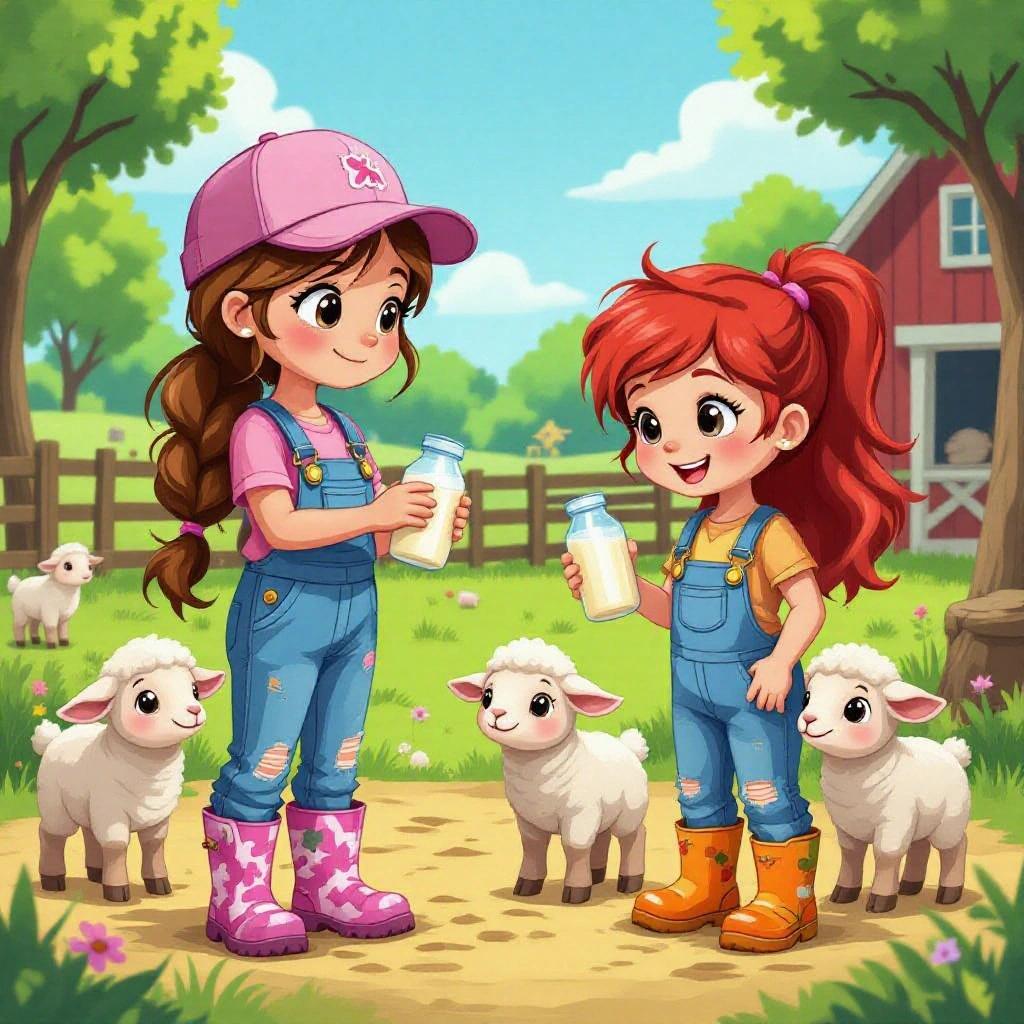 Two cartoon girls at a farm park. They are feeding lambs with bottles of milk. One girl has dark blonde hair in a ponytail, wearing a pink cap and denim overalls. The other girl has red hair, wearing an orange shirt and denim overalls.