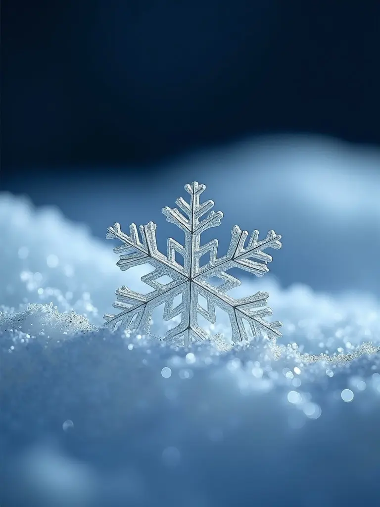 Delicate snowflake rests on glittering snow. Dark blue background creates a serene atmosphere.