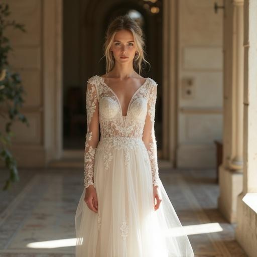 Bride stands in softly lit setting wearing stunning fully transparent wedding dress with intricate lace details. The scene conveys elegance and romance while she seeks the camera.