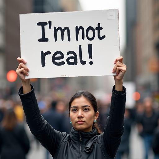 A person holds a sign saying I'm not real. The setting looks like a protest or demonstration. The individual is dressed casually and has a serious expression. The background is slightly blurred to emphasize the person and the message.