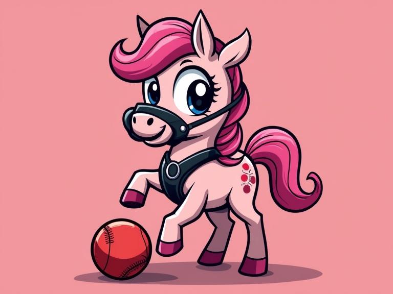 Illustration of a pink pony playing with a kickball. The pony wears a black leather harness and a ball gag. Designed in clean vector art style for logo or t-shirt printing. Pony has a playful expression and large eyes. Background color is #d5446d. Emphasis on crisp outlines and bold color palette. The ball is red.