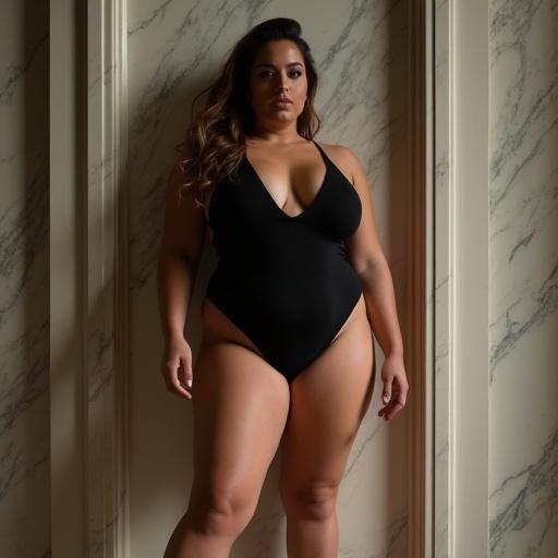 Fashion model in a bold pose. Plus-size woman wears black monokini with deep neckline. Her body has hourglass shape. She poses fiercely in front of a marble wall. Indoor lighting emphasizes her silhouette. She wears stiletto heels. The setting resembles a luxury hotel. The image has high contrast and high quality DSLR style.