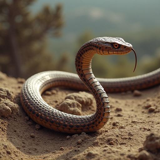 A sidewinder snake on a sandy surface in a desert environment. The snake is coiled and has distinctive coloring. The background is blurred to emphasize the snake.