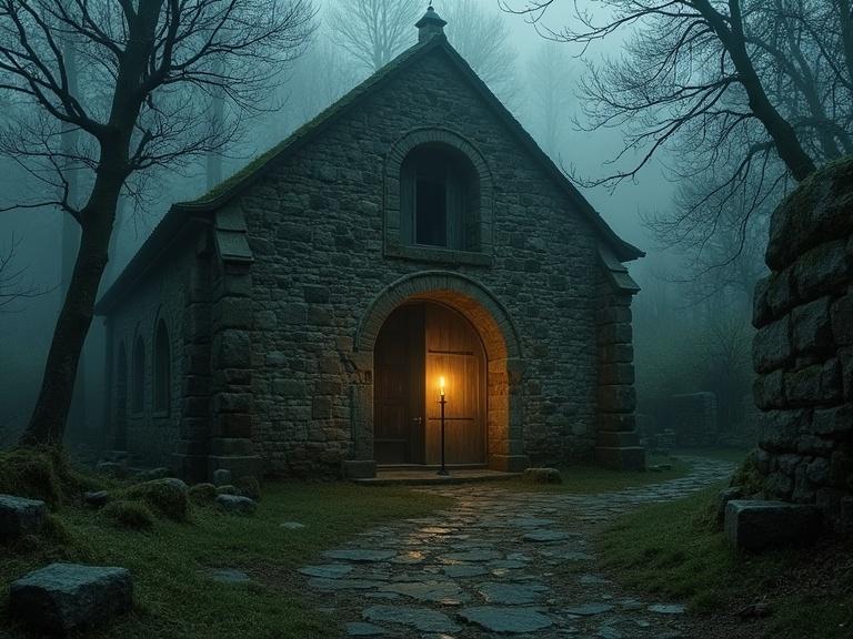 Ancient Romanesque church in a Galician village. Hidden in fog. Moss-covered stones and old wooden doors. Candle glows at entrance. Mysterious and sacred gothic atmosphere with historical realism.