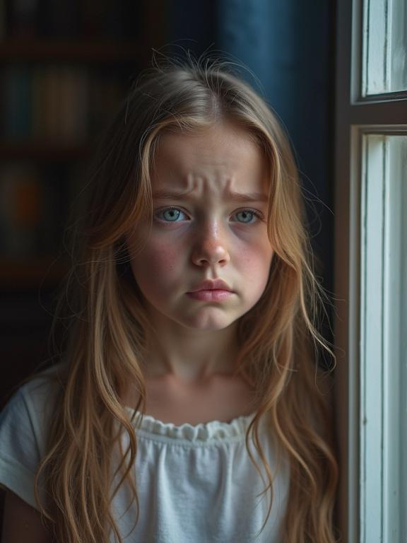 Street photography featuring a teen girl crying with a sorrowful expression. She has long hair and looks outraged and sad. The scene takes place in summertime behind a large window in Brussels, seen from the street. Frontal view of the girl.