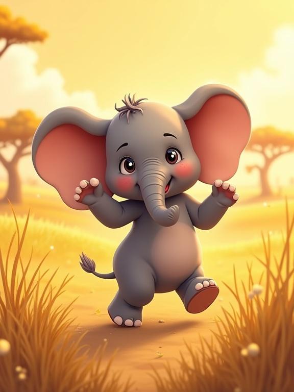 A cartoon of a baby elephant dancing joyfully in a golden savanna. Elephant lifts little feet and flaps ears. Surrounded by tall grass and a few trees. Warm and sunny atmosphere. Playful style.