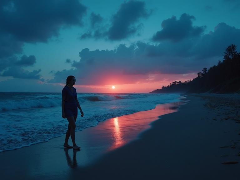 A silhouette of a woman walking on a beach during sunset. The sky is filled with dramatic colors as the sun sets on the horizon. Ocean waves gently lap at the shore creating a serene atmosphere.