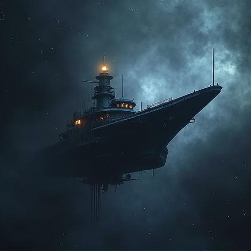 NFT style visuals. Dark Drift ship in vast space. Abandoned by civilization. A cursed vessel lost between realities. It glows in the darkness. The theme of truth and disappearance is central to its story.
