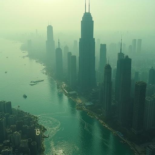 Kapopioli city skyline features skyscrapers partially submerged in water. The location is affected by rising sea levels. The image shows buildings piercing the surface of the water. A hazy atmosphere gives a surreal and ghostly effect. Salt-laden air and sudden storms are commonplace in this environment.