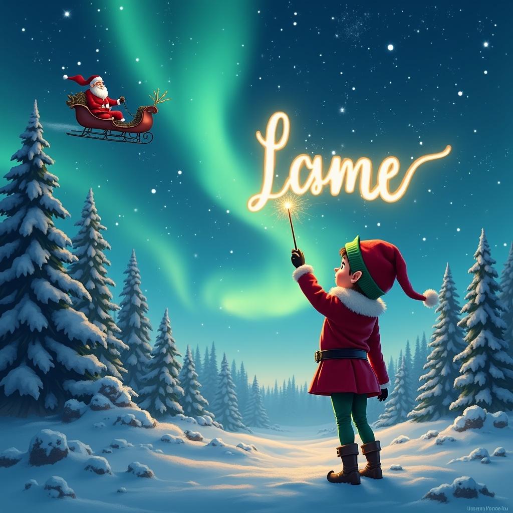 The image shows a young elf looking at the magical sky. The elf uses a wand to write a child's name in glowing letters. The background has northern lights. Snow-covered trees surround the scene. Santa Claus flies in his sleigh in the distance.