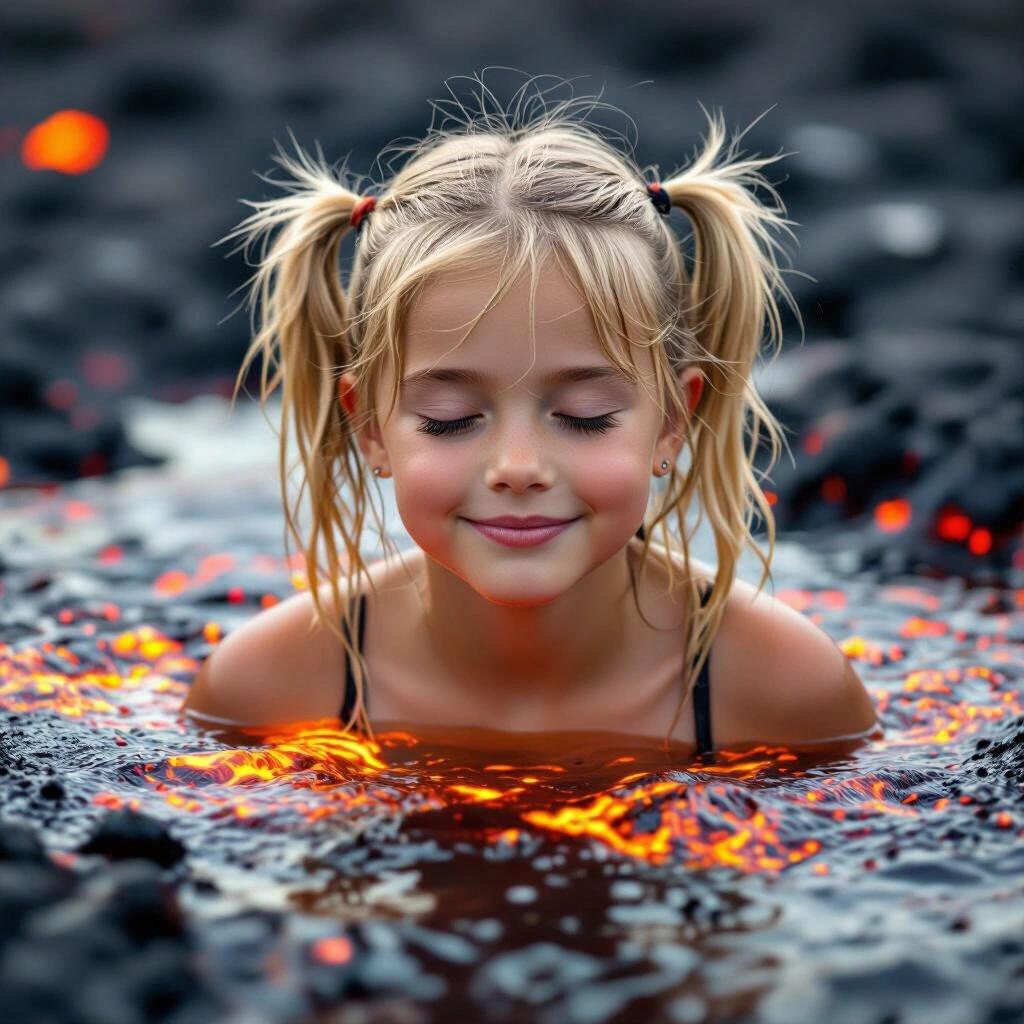 Blonde girl with twin pigtails is submerged in molten lava. Eyes are closed. Leaning back with a relaxed expression. Image taken at a Dutch angle.