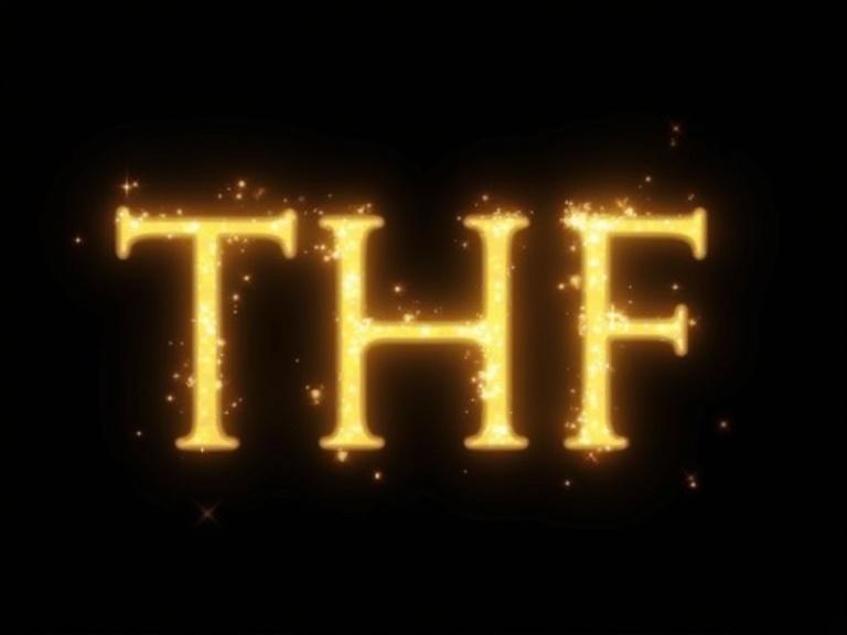 Text design features the letters THF on a black background. Font has a glowing yellow appearance. Resembles a bright star. Blends with galaxy colors. Overall aesthetic is pretty and fancy, appealing for fantasy themes.
