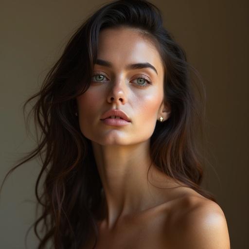 Portrait of a beautiful woman with graceful features and soft lighting. Emphasizes elegance and natural beauty.